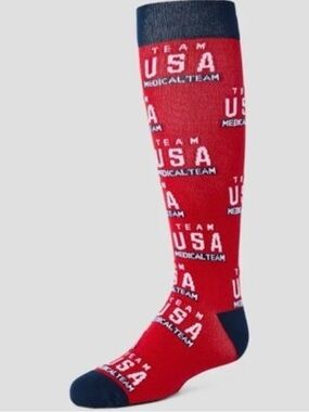 🌸 Figs NWOT Red Knee-High 'USA Medical Team' Socks with Navy Accents